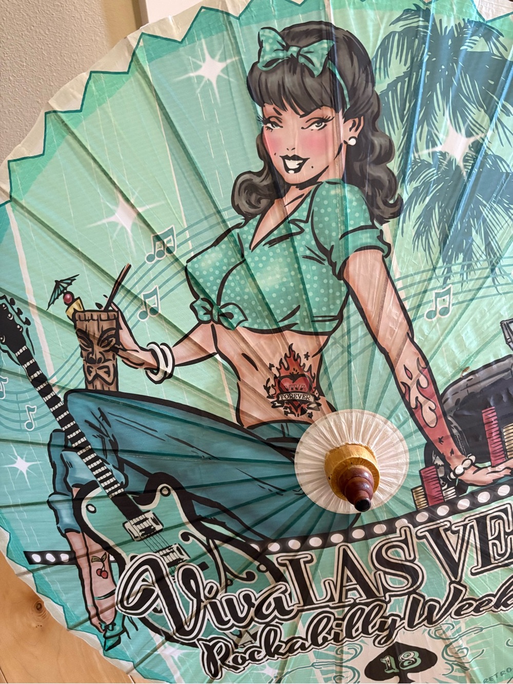 Turquoise Viva Las Vegas Rockabilly Parasol Umbrella - Picture 4 of 5